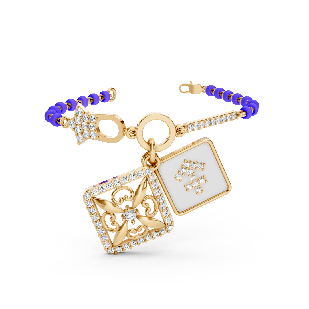 Yellow Gold Filigree Charm Blue Bead Bracelet
