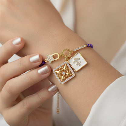 Yellow Gold Filigree Charm Blue Bead Bracelet