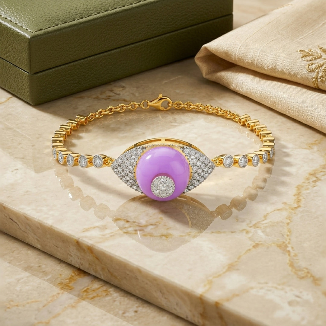 Yellow Gold Purple Enamel Evil Eye Bracelet