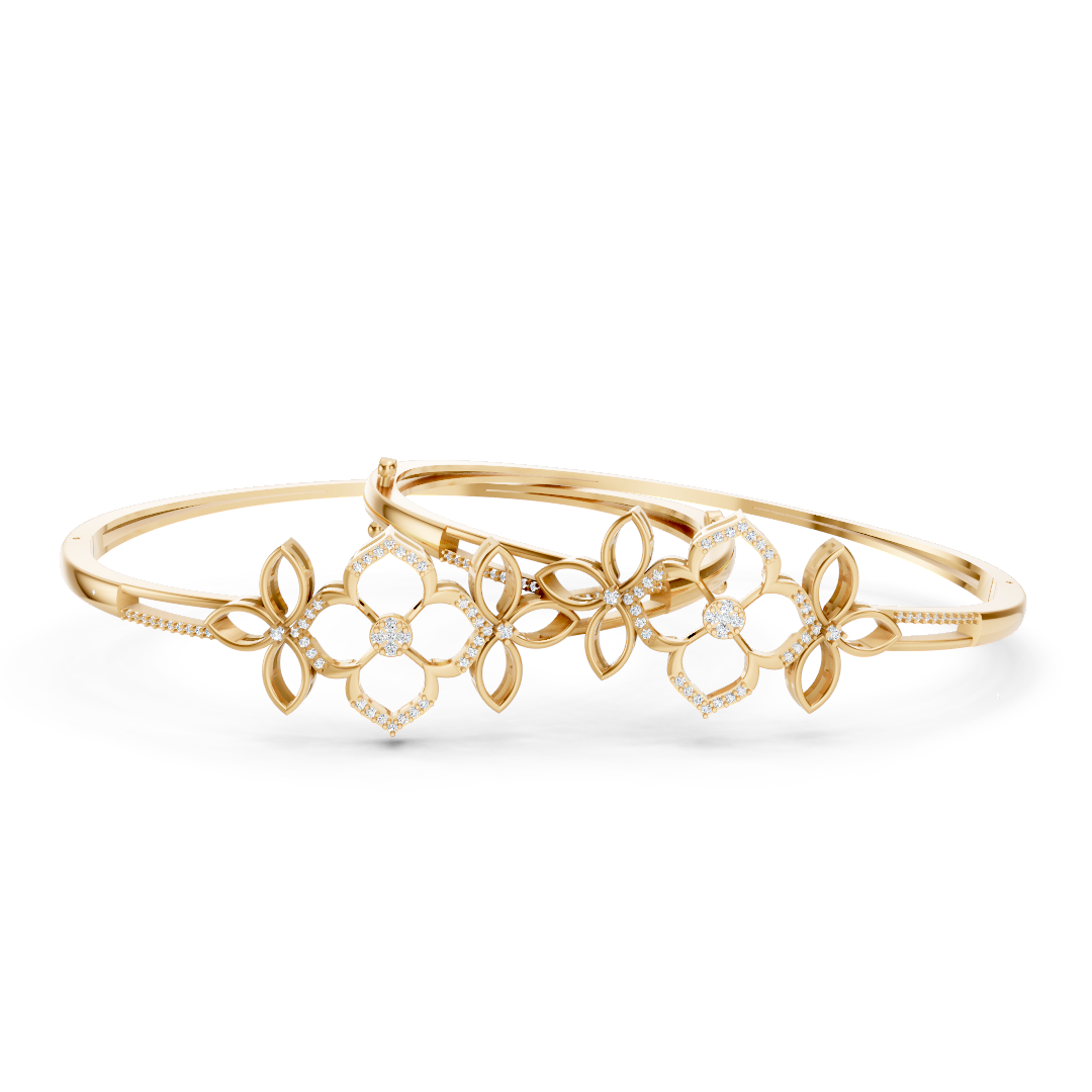 Yellow Gold Open Floral Diamond Bangle