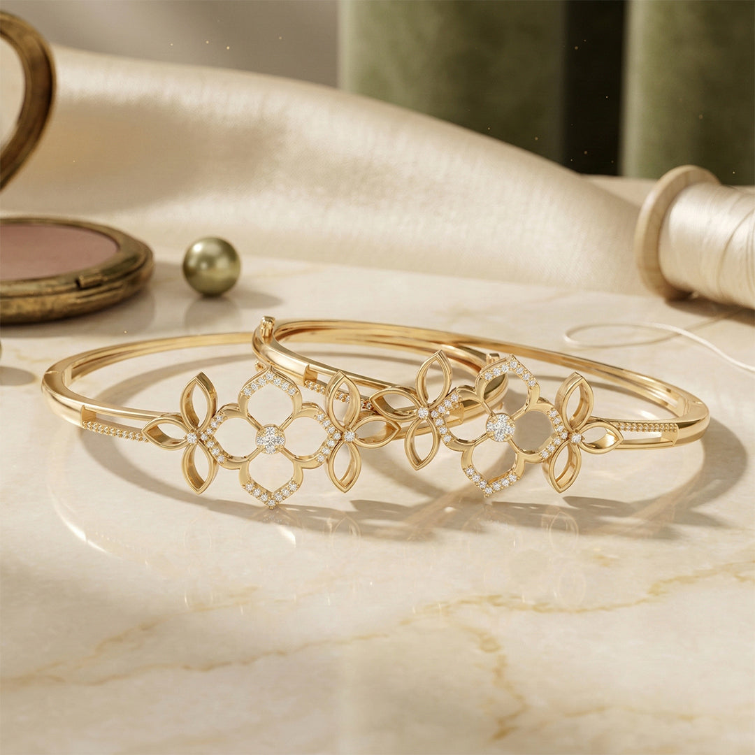 Yellow Gold Open Floral Diamond Bangle