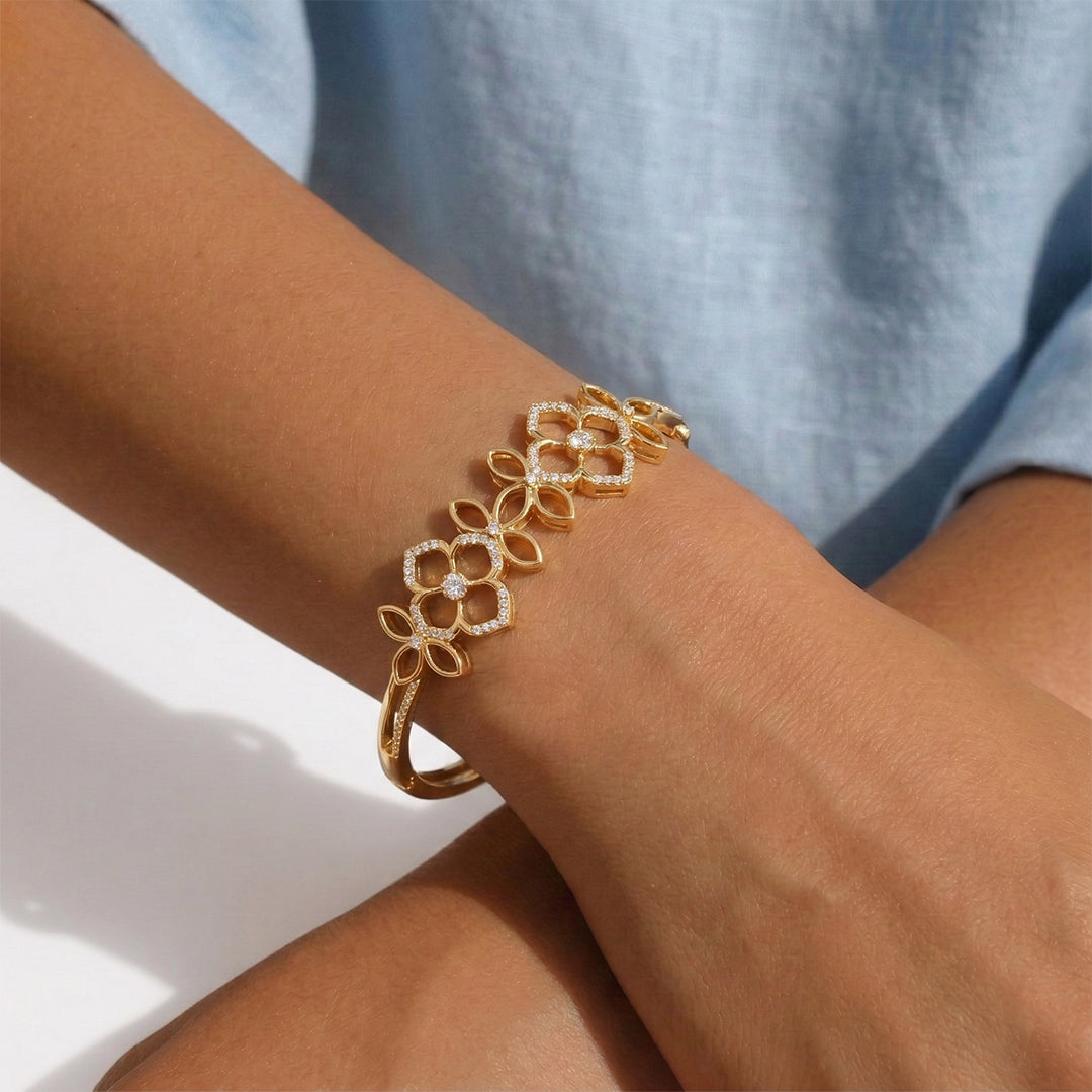 Yellow Gold Open Floral Diamond Bangle