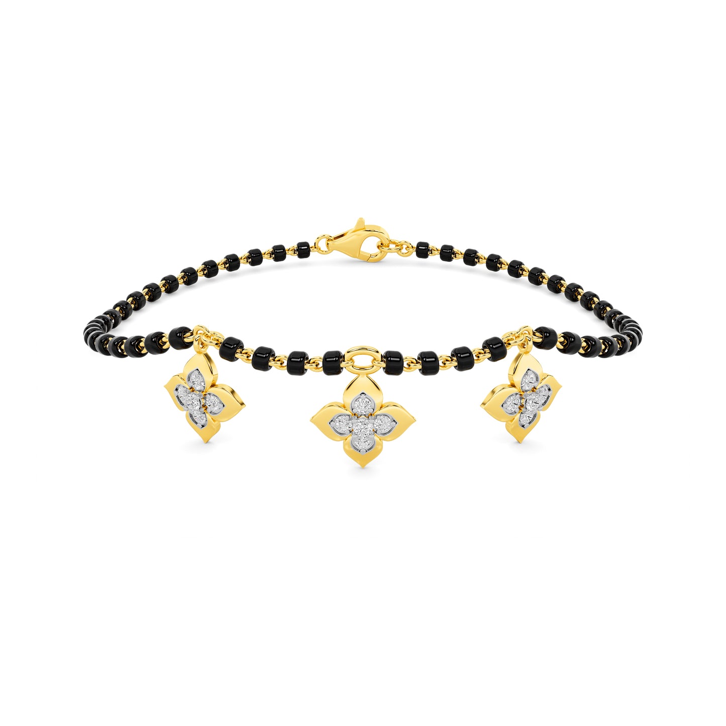 Yellow Gold Black Bead Diamond Floral Bracelet