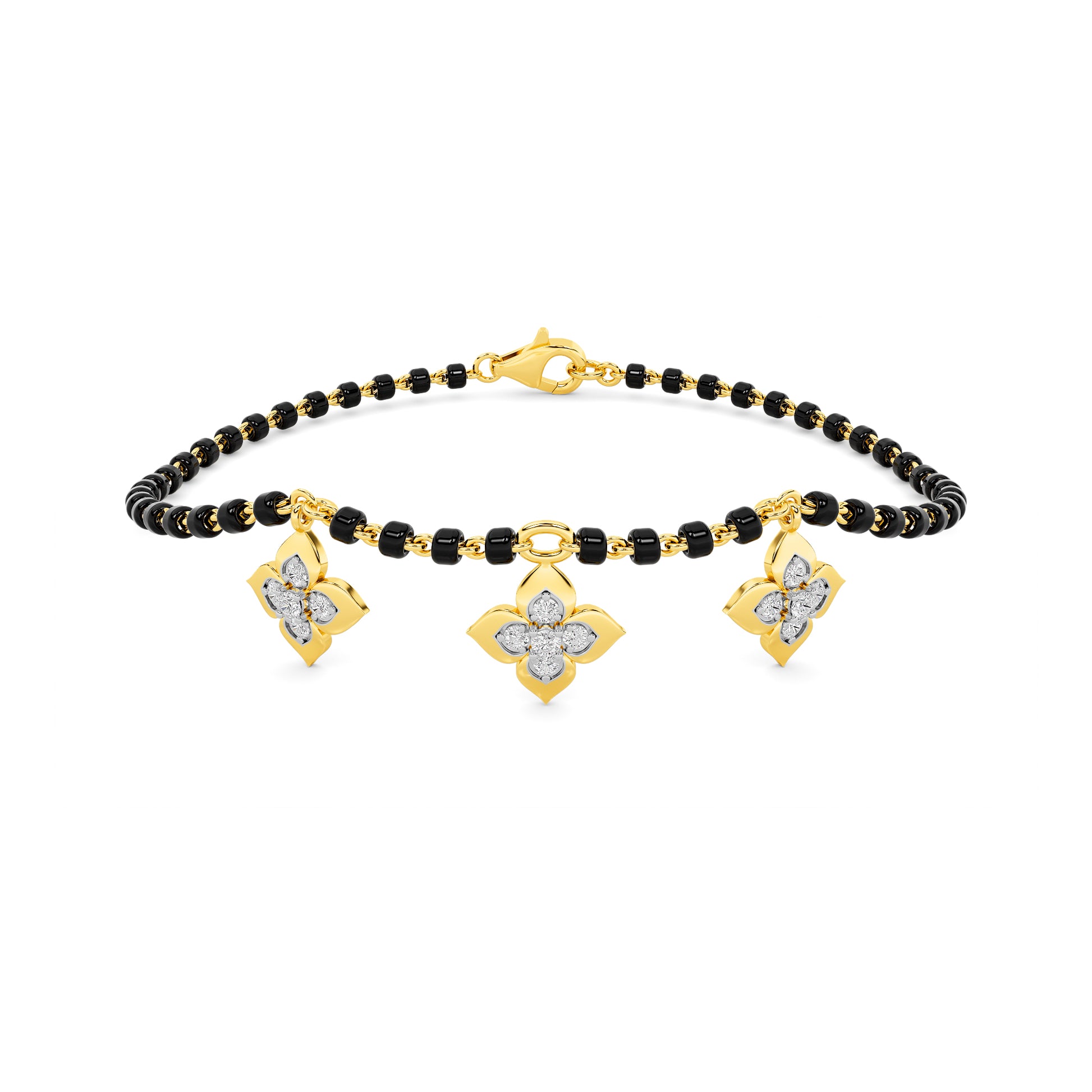 Yellow Gold Black Bead Diamond Floral Bracelet
