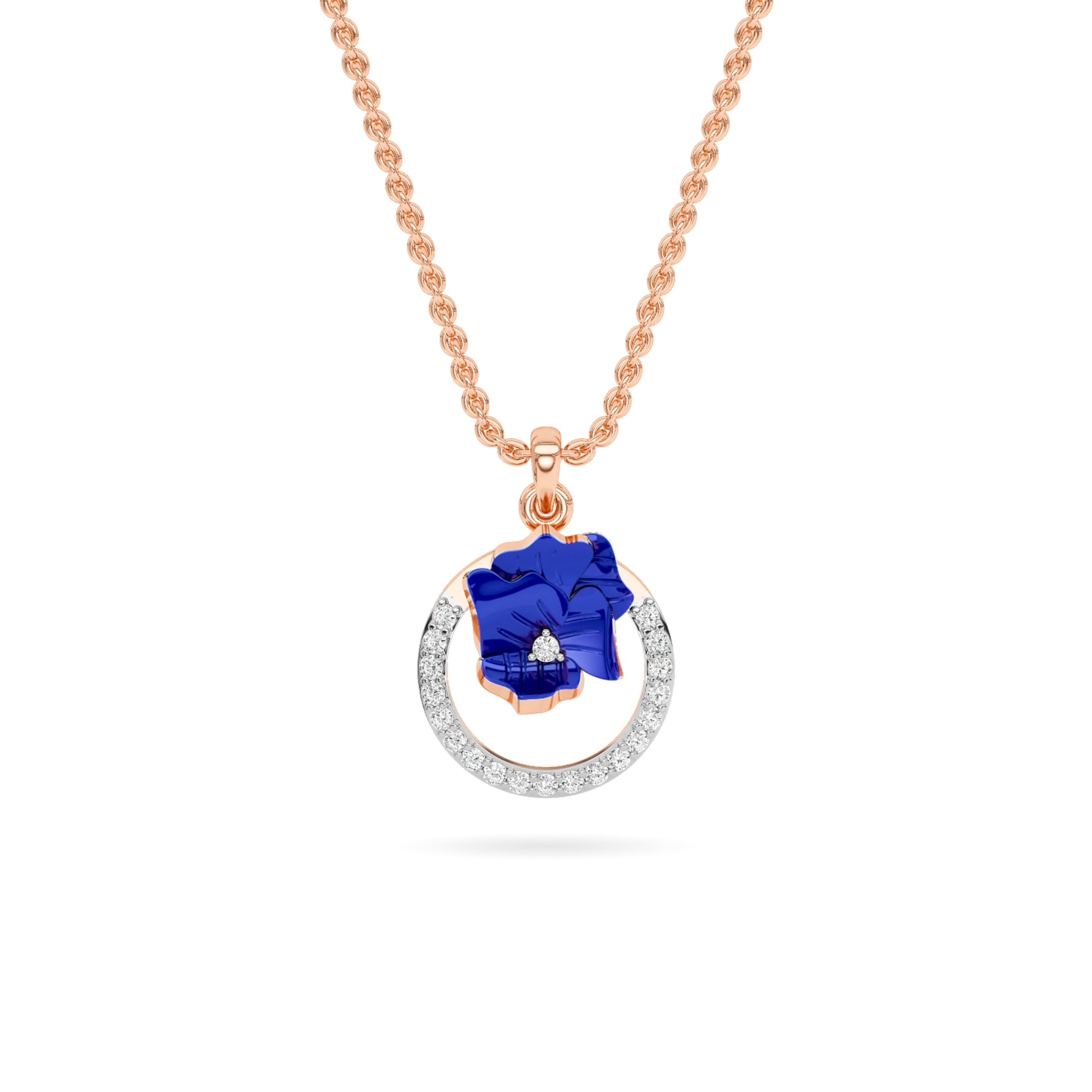 Rose Gold Blue Enamel Floral Pendant
