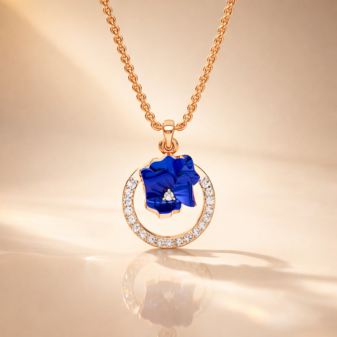 Rose Gold Blue Enamel Floral Pendant