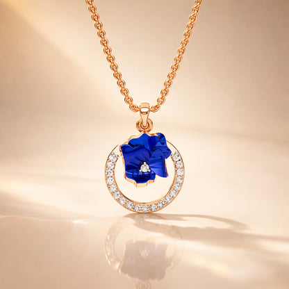 Rose Gold Blue Enamel Floral Pendant