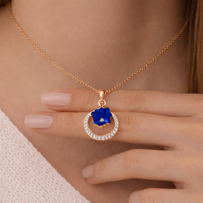 Rose Gold Blue Enamel Floral Pendant