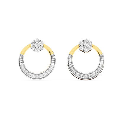 Yellow Gold Circle Diamond Cluster Drop Earrings