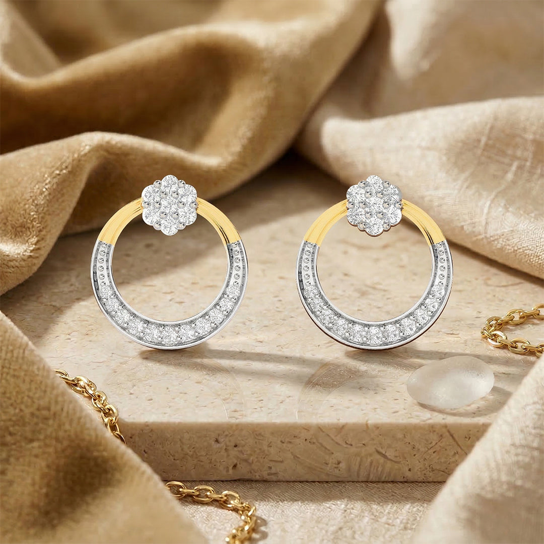 Yellow Gold Circle Diamond Cluster Drop Earrings
