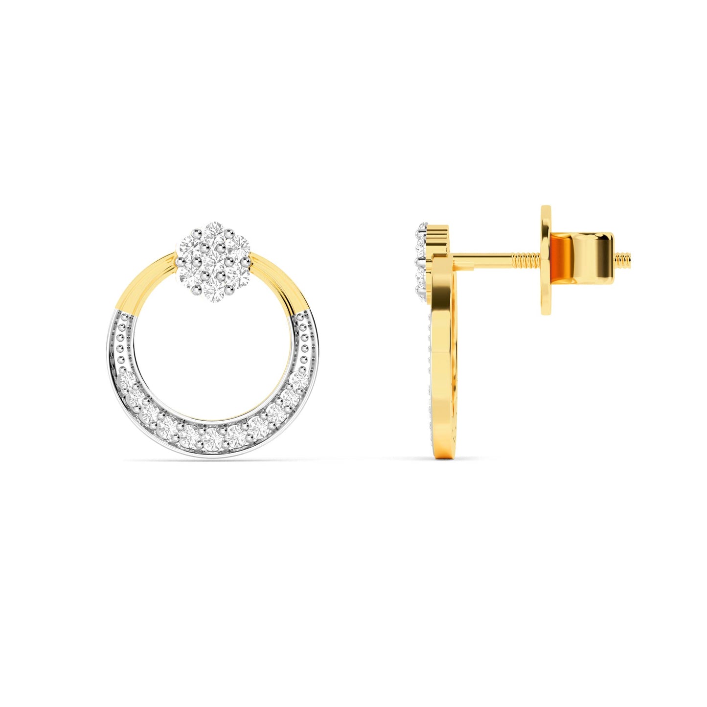 Yellow Gold Circle Diamond Cluster Drop Earrings