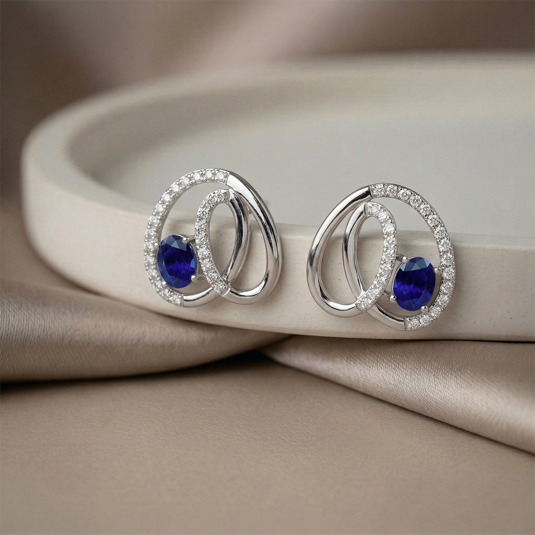 White Gold Sapphire Diamond Circle Stud Earrings