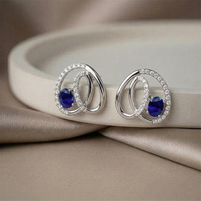 White Gold Sapphire Diamond Circle Stud Earrings