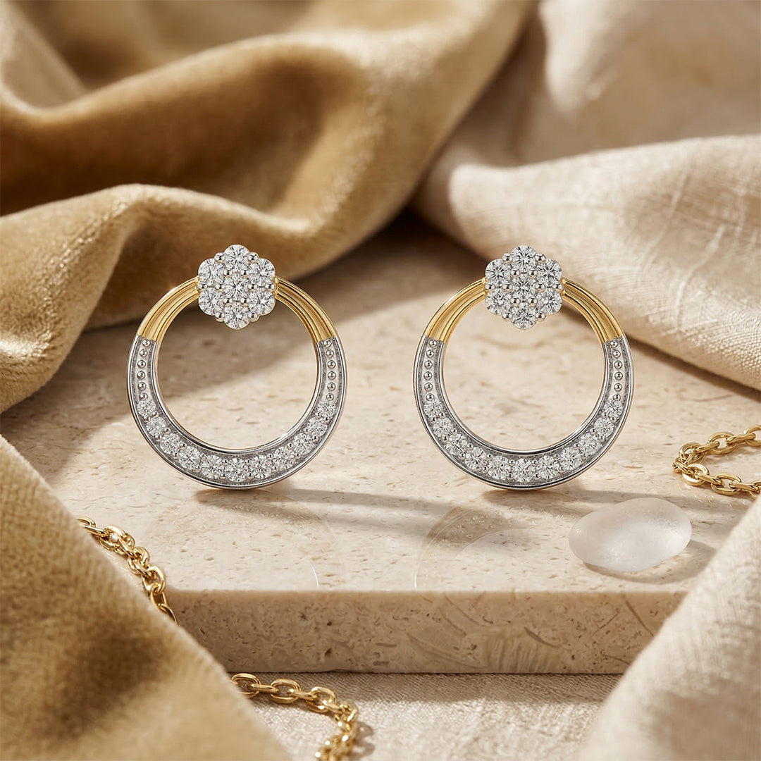 Two-Tone Diamond Circle Stud Drop Earrings