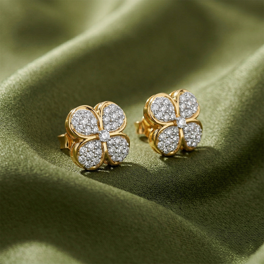 Yellow Gold Clover Diamond Pavé Stud Earrings