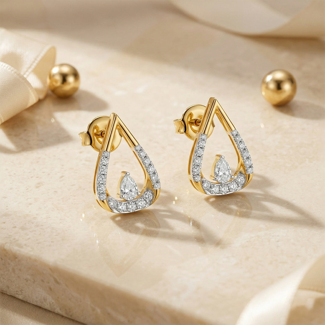 Yellow Gold Teardrop Pear Diamond Stud Earrings