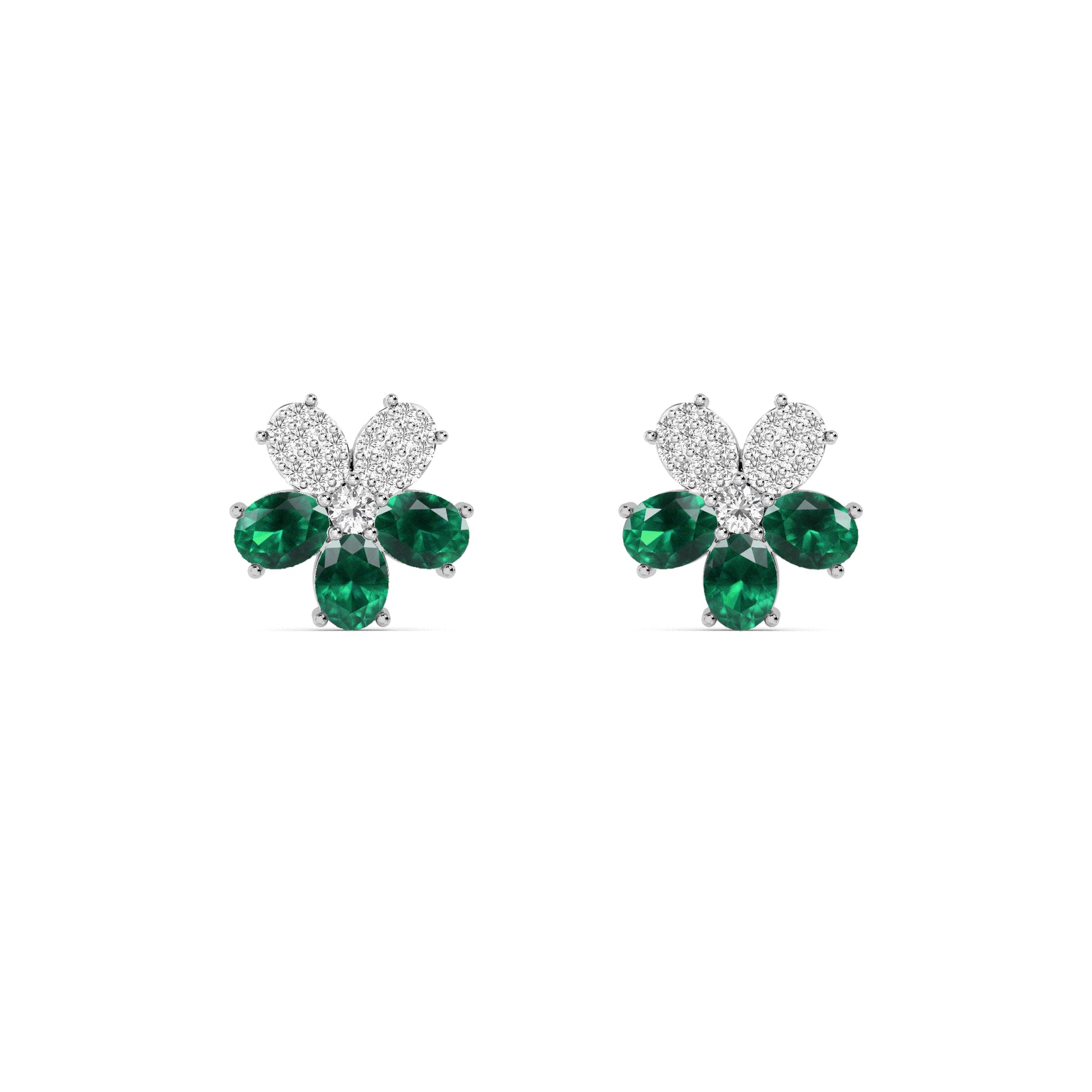 White Gold Emerald Diamond Flower Stud Earrings