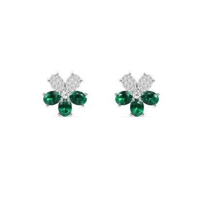 White Gold Emerald Diamond Flower Stud Earrings