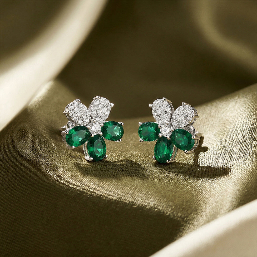 White Gold Emerald Diamond Flower Stud Earrings