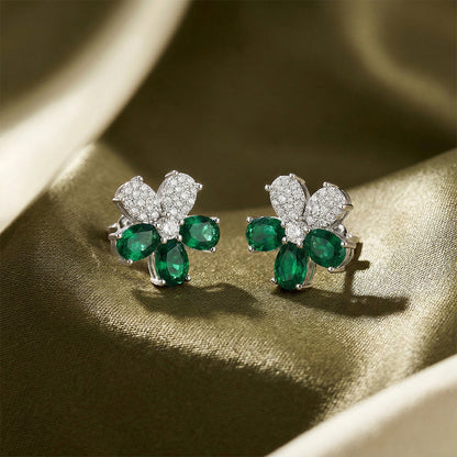 White Gold Emerald Diamond Flower Stud Earrings