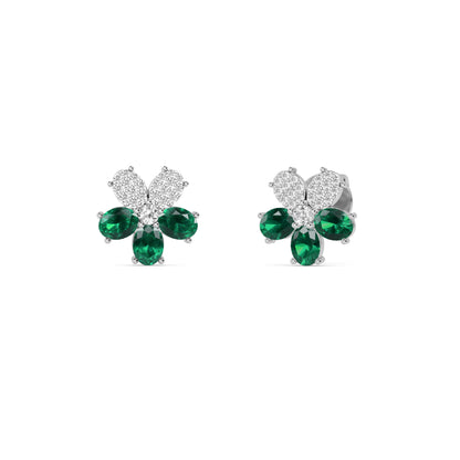 White Gold Emerald Diamond Flower Stud Earrings