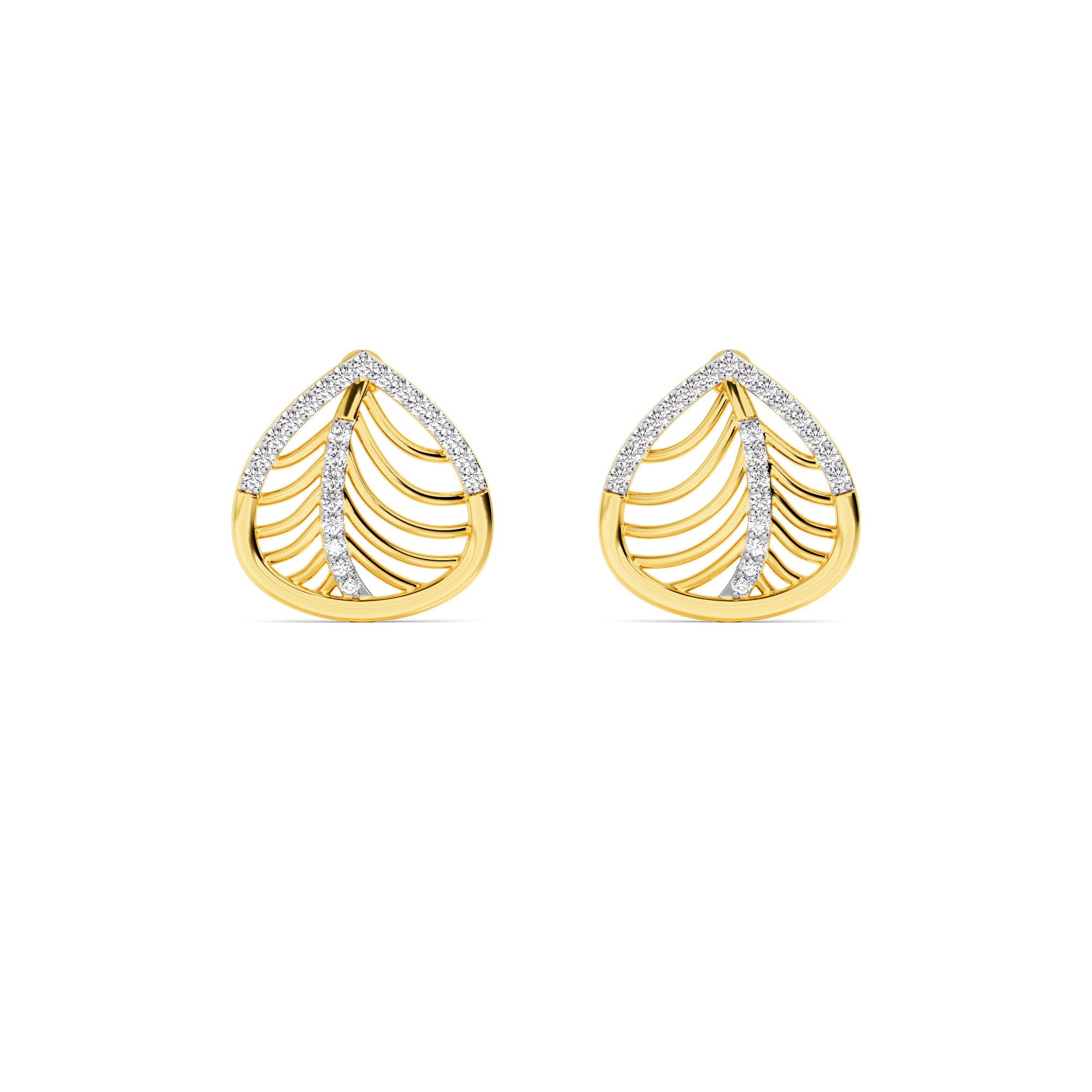 Yellow Gold Leaf Rib Diamond Stud Earrings