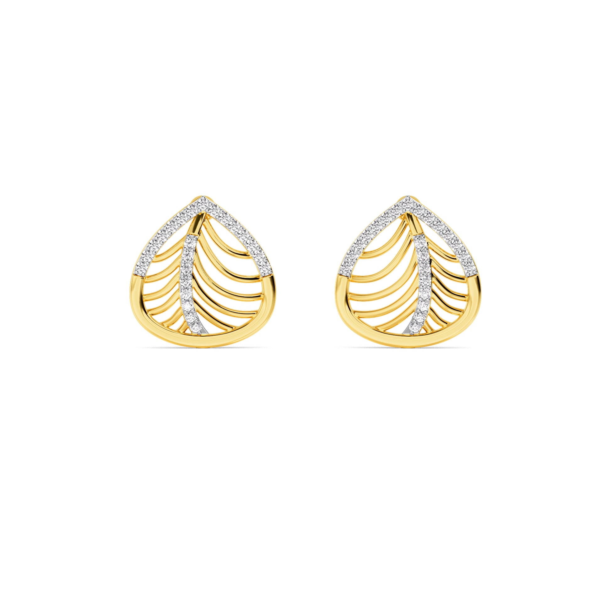 Yellow Gold Leaf Rib Diamond Stud Earrings