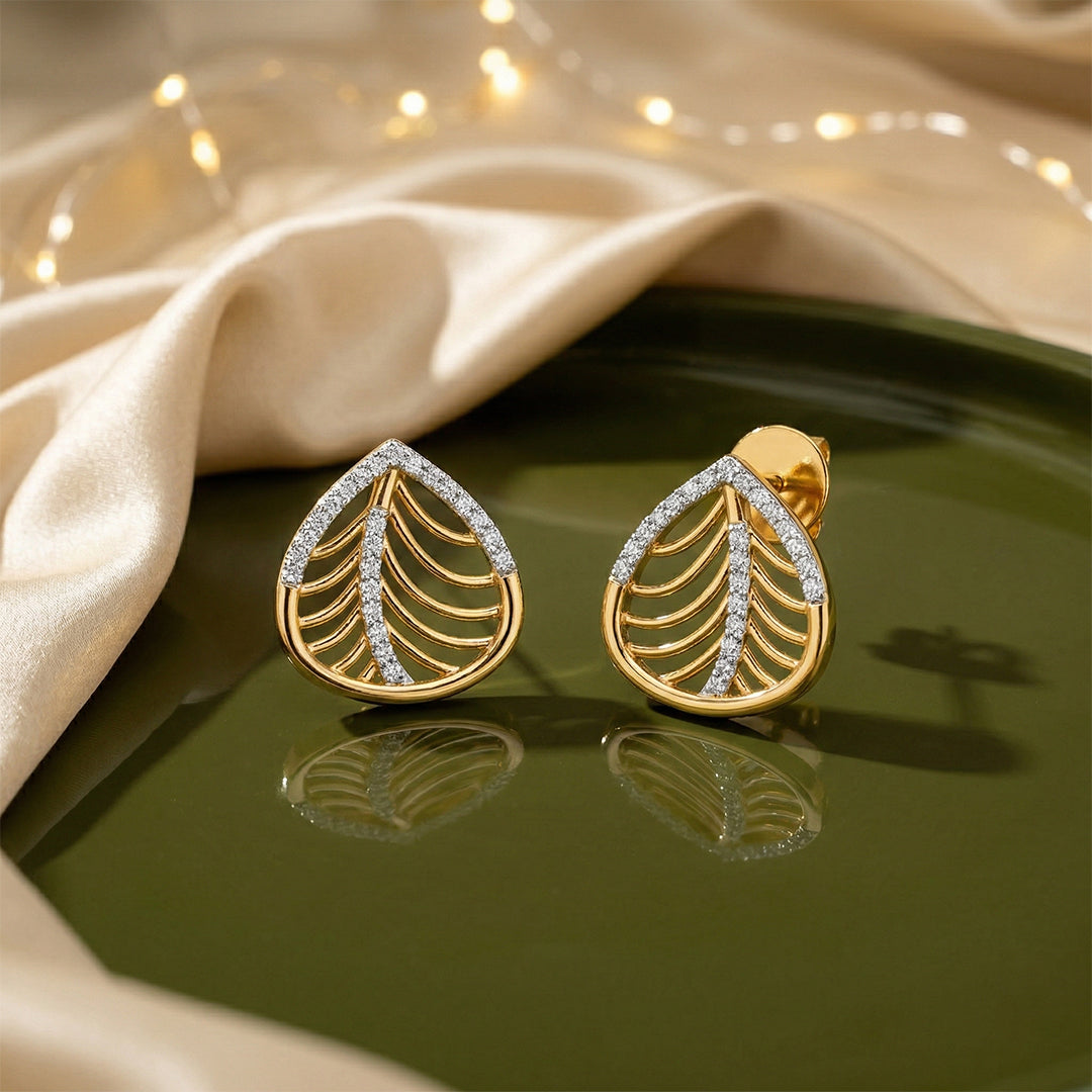 Yellow Gold Leaf Rib Diamond Stud Earrings
