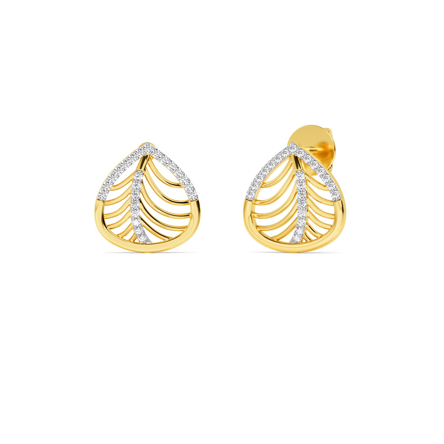 Yellow Gold Leaf Rib Diamond Stud Earrings