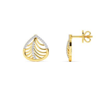 Yellow Gold Leaf Rib Diamond Stud Earrings
