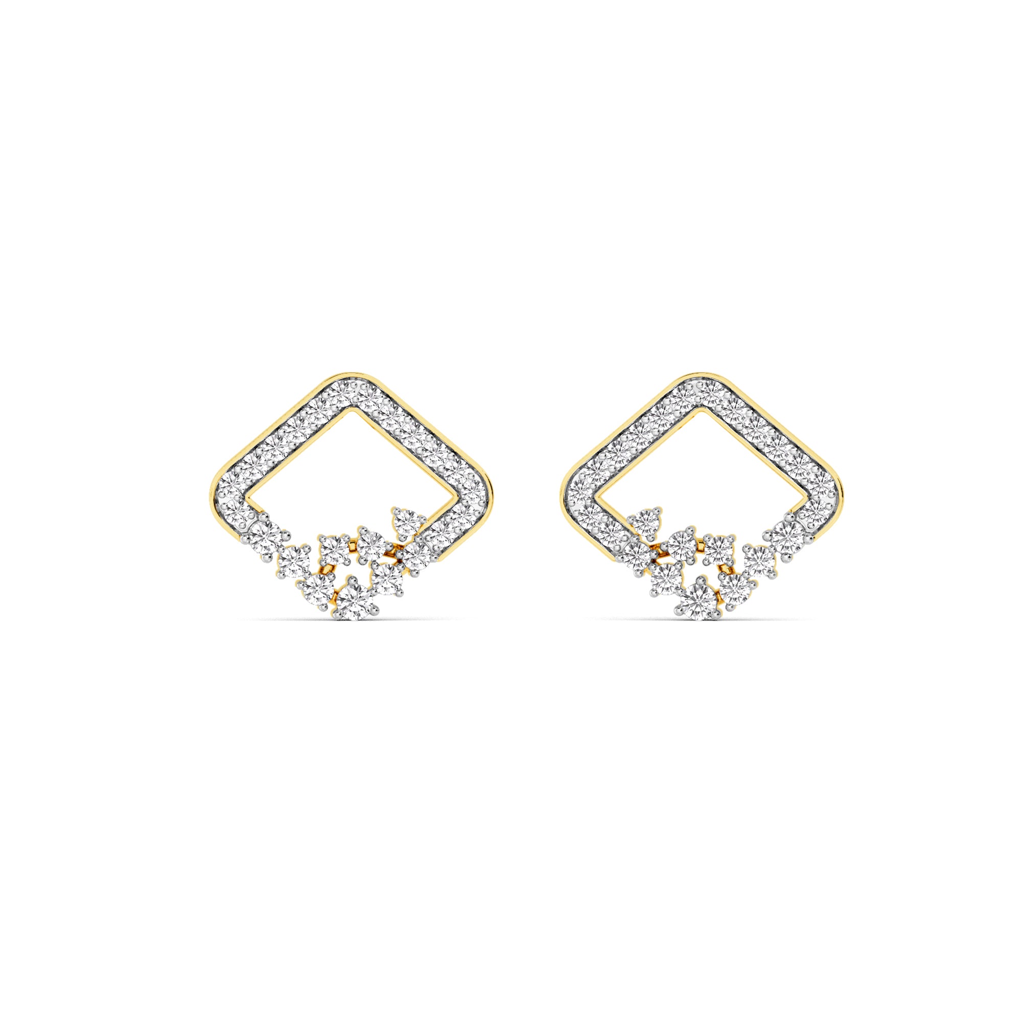 Yellow Gold Square Diamond Cluster Stud Earrings