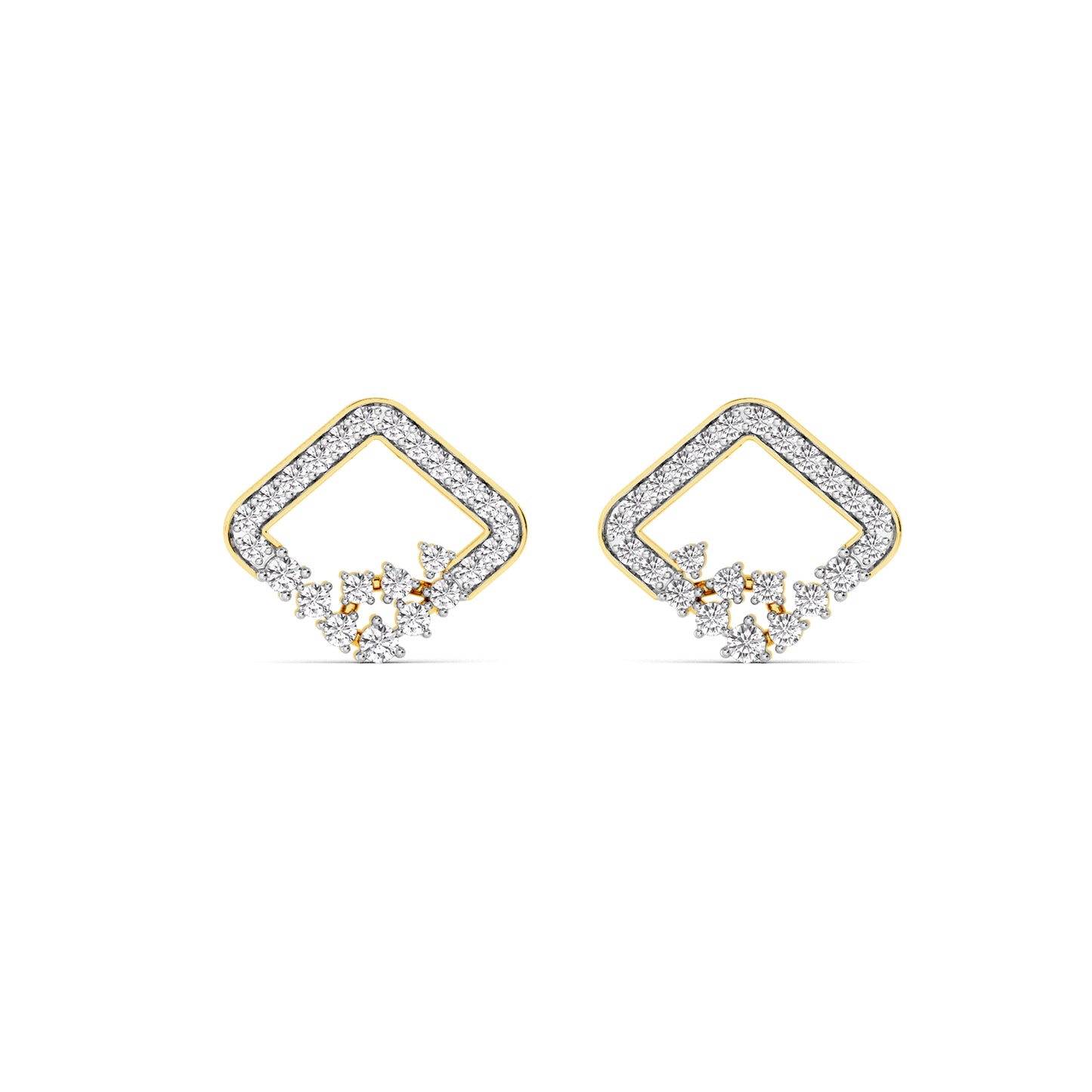 Yellow Gold Square Diamond Cluster Stud Earrings
