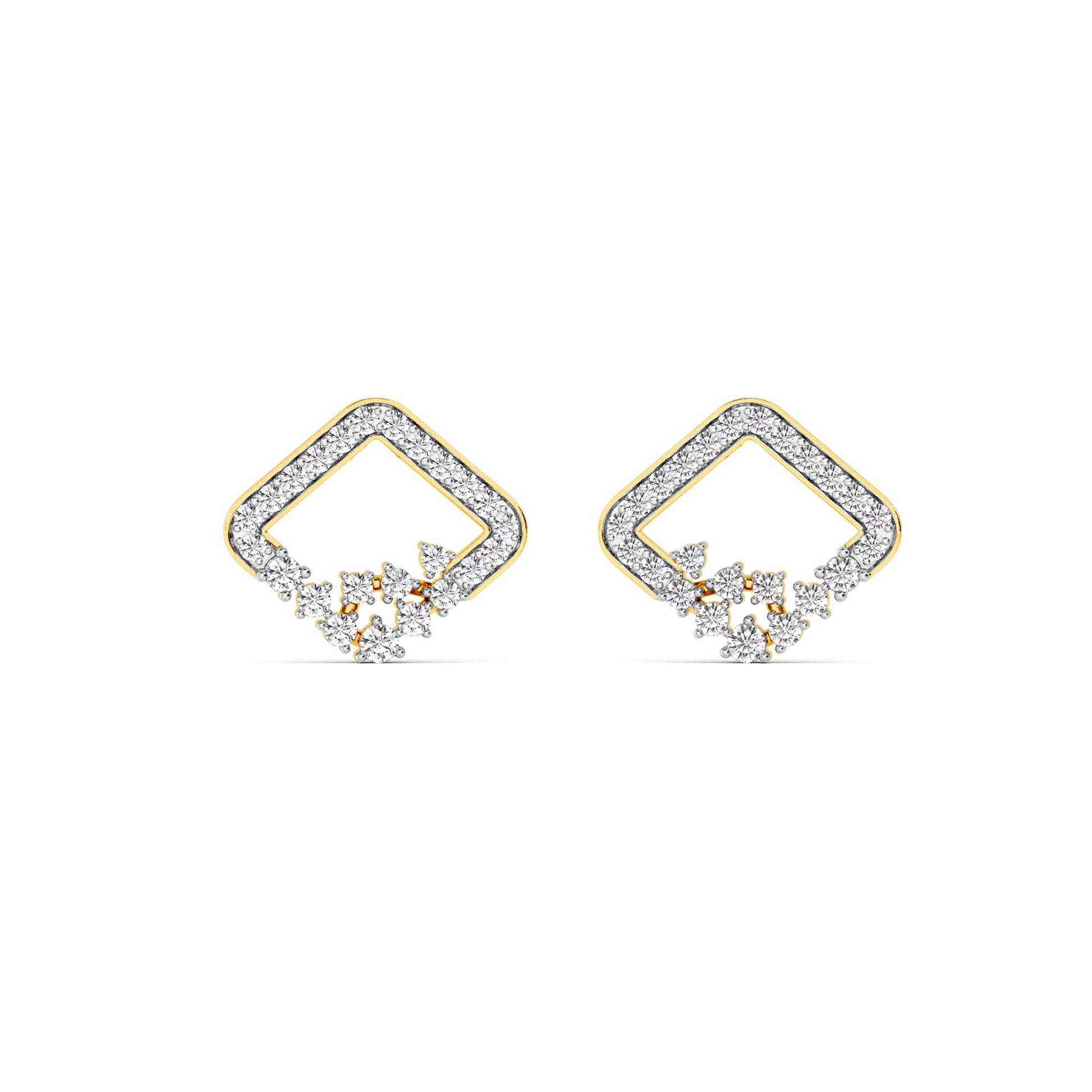 Yellow Gold Square Diamond Cluster Stud Earrings