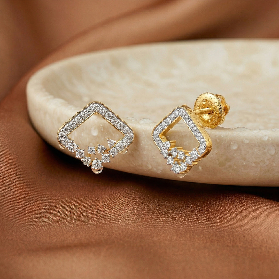 Yellow Gold Square Diamond Cluster Stud Earrings