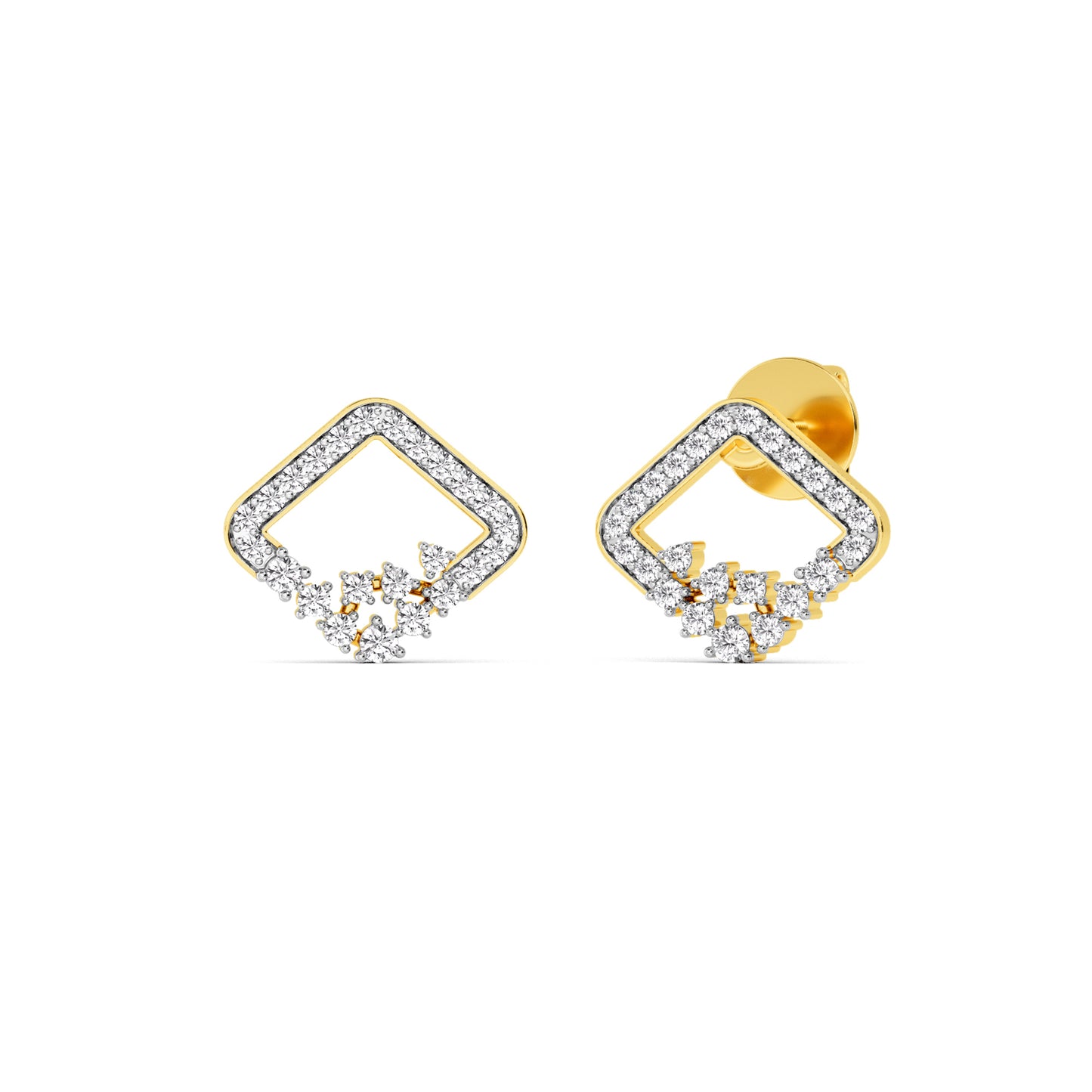 Yellow Gold Square Diamond Cluster Stud Earrings