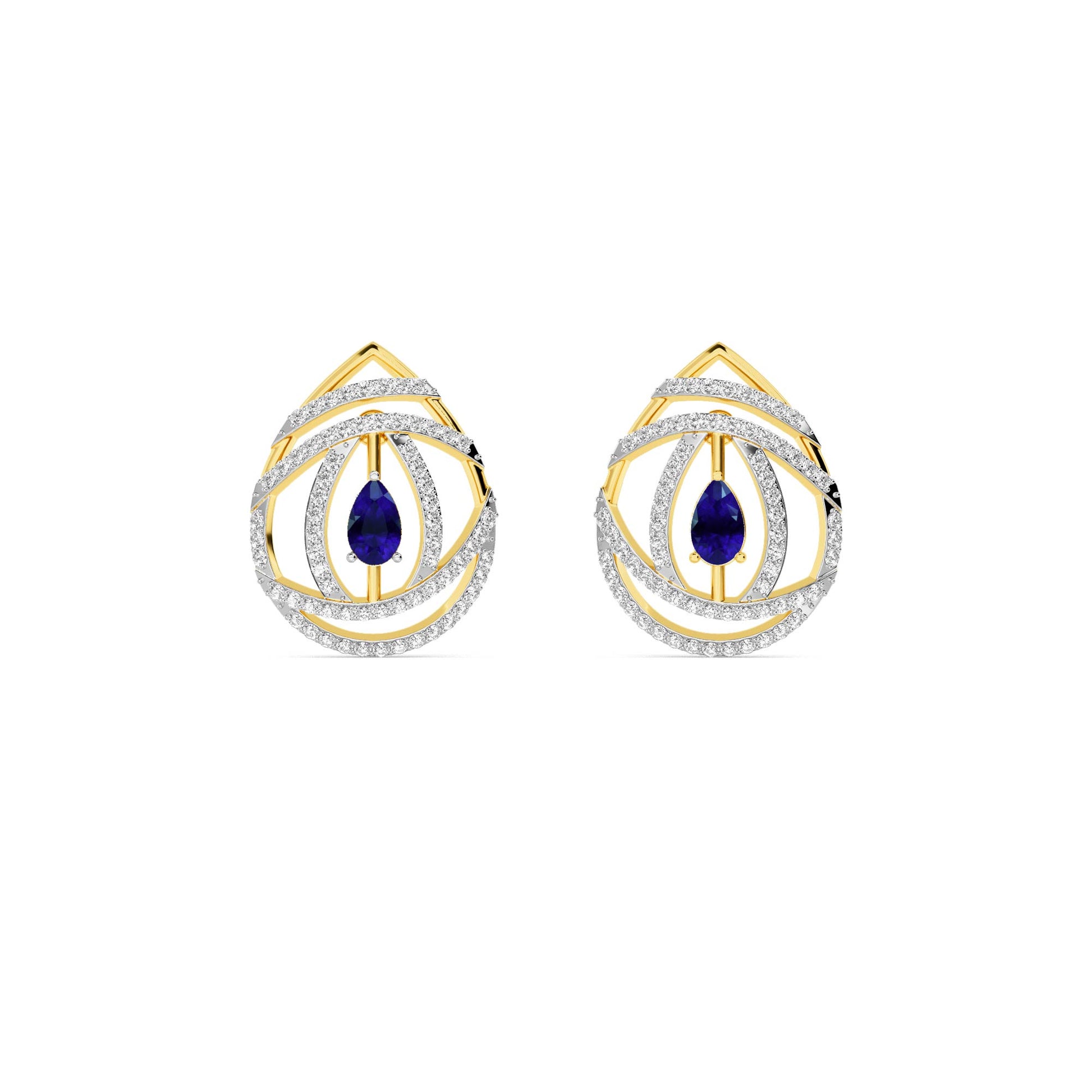 Yellow Gold Sapphire Diamond Swirl Stud Earrings