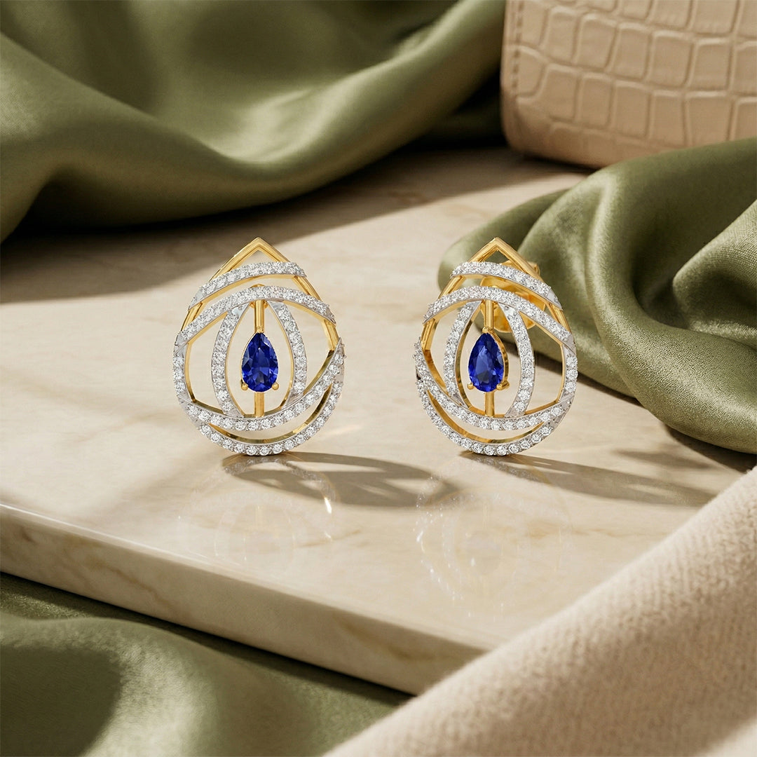 Yellow Gold Sapphire Diamond Swirl Stud Earrings