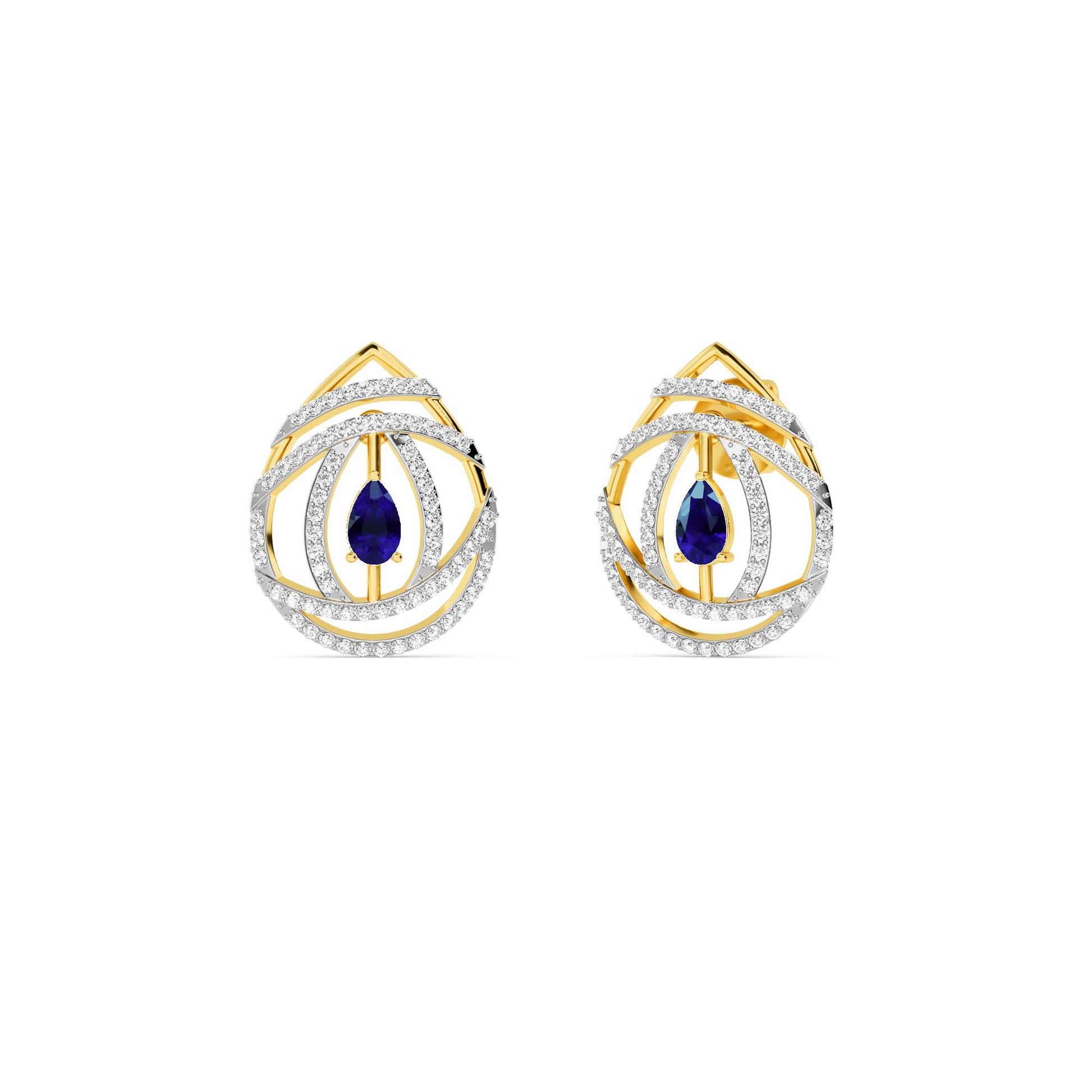 Yellow Gold Sapphire Diamond Swirl Stud Earrings