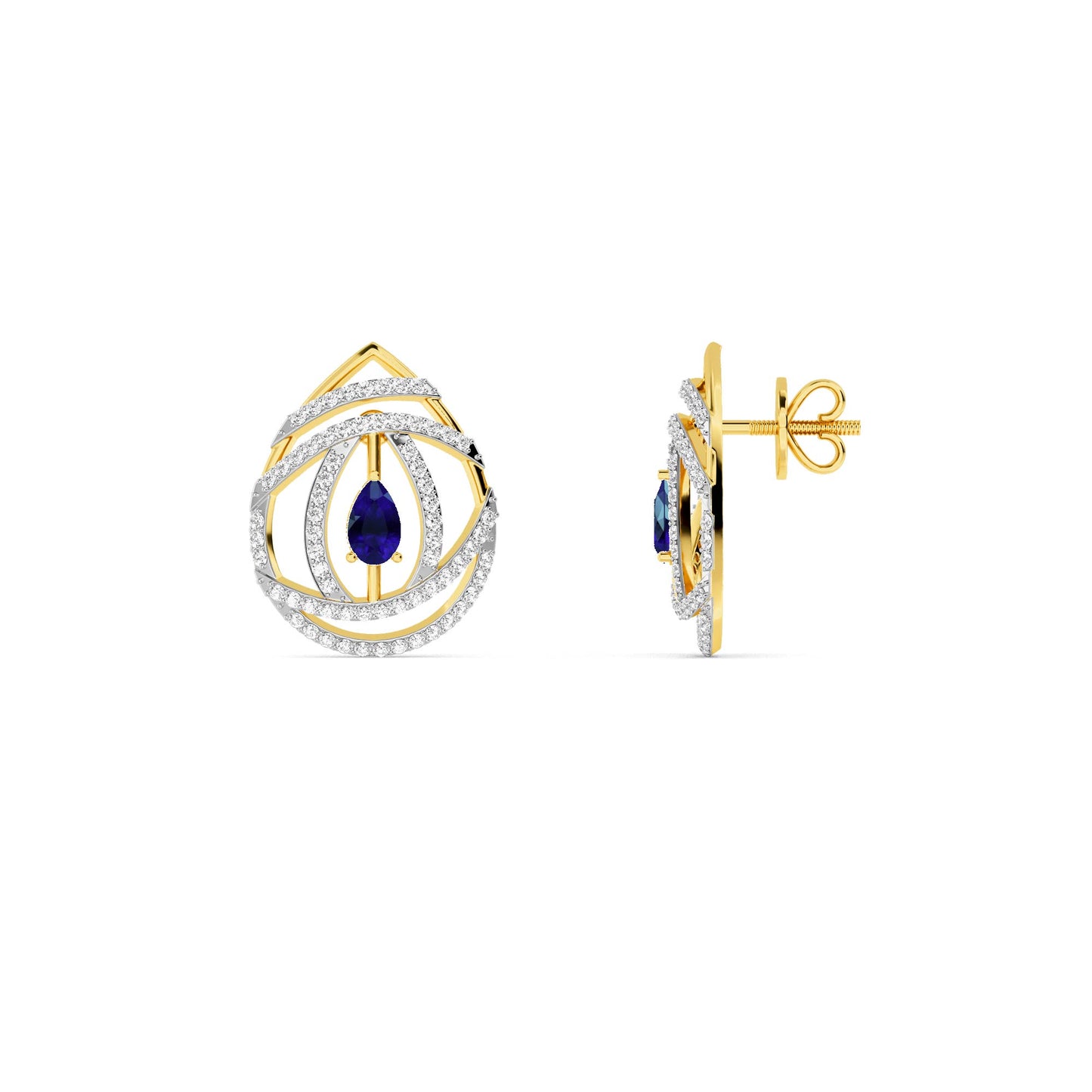 Yellow Gold Sapphire Diamond Swirl Stud Earrings
