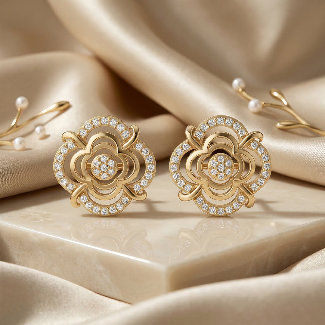 Yellow Gold Open Rose Diamond Stud Earrings