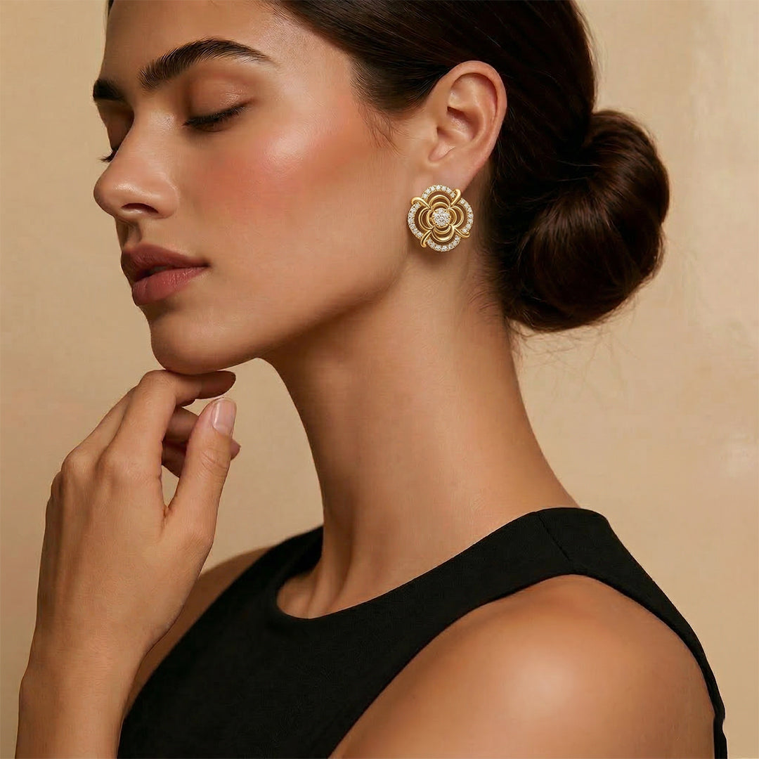 Yellow Gold Open Rose Diamond Stud Earrings