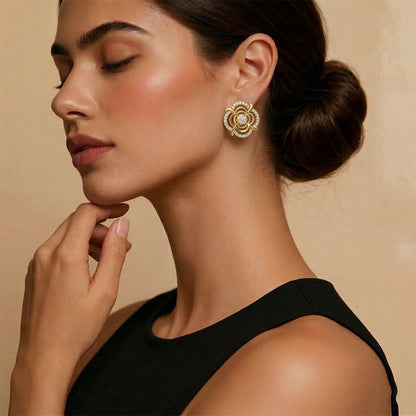 Yellow Gold Open Rose Diamond Stud Earrings
