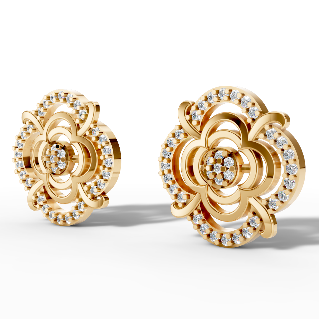 Yellow Gold Open Rose Diamond Stud Earrings
