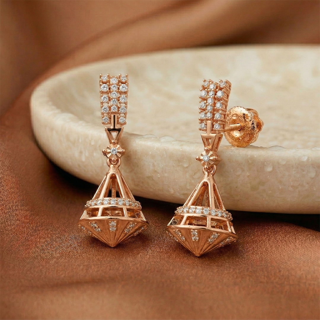 Geometric Jhumka Diamond Drop Earrings 18K Rose Gold