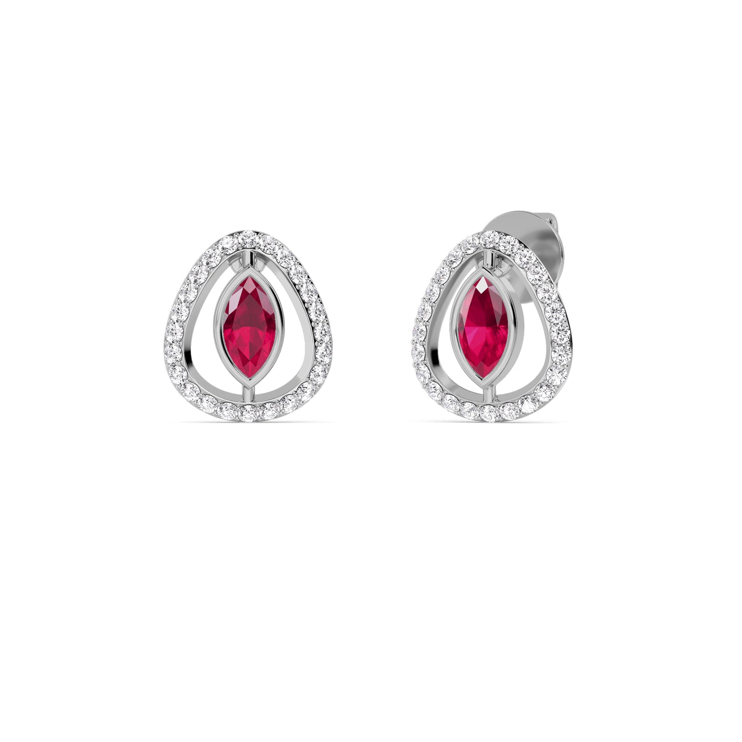White Gold Ruby Diamond Teardrop Stud Earrings