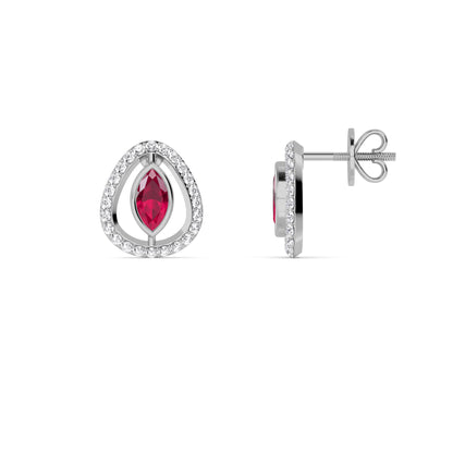 White Gold Ruby Diamond Teardrop Stud Earrings