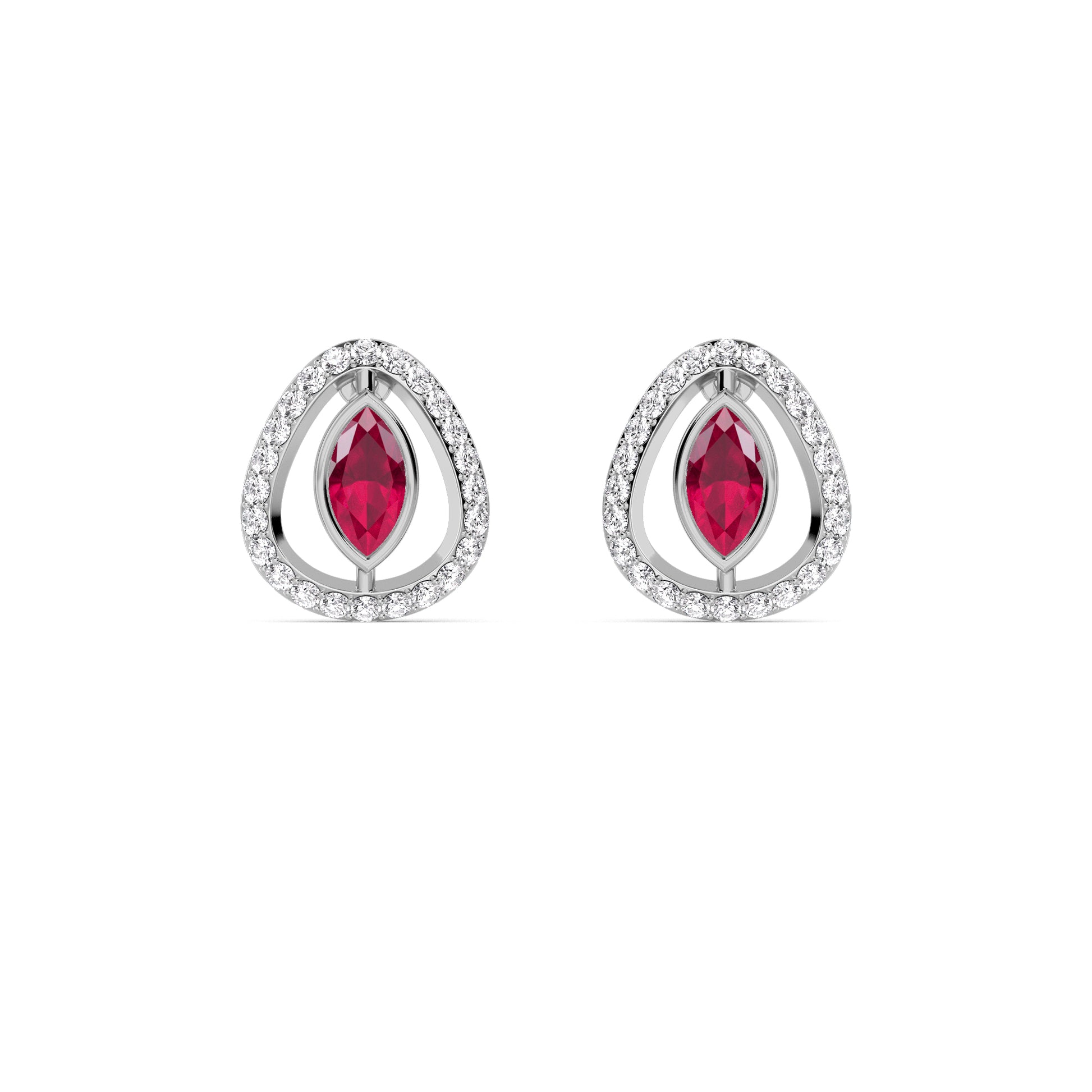 White Gold Ruby Teardrop Halo Diamond Earrings