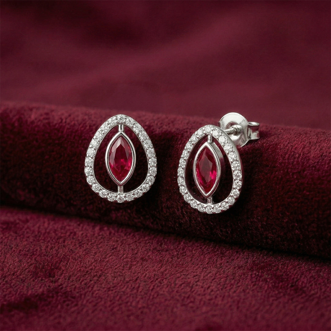 White Gold Ruby Teardrop Halo Diamond Earrings
