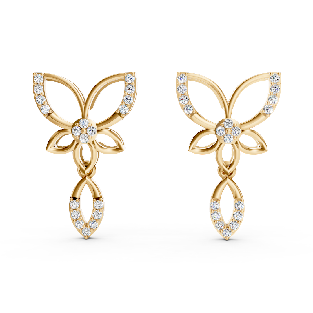 Yellow Gold Open Floral Diamond Drop Earrings