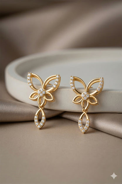 Yellow Gold Open Floral Diamond Drop Earrings